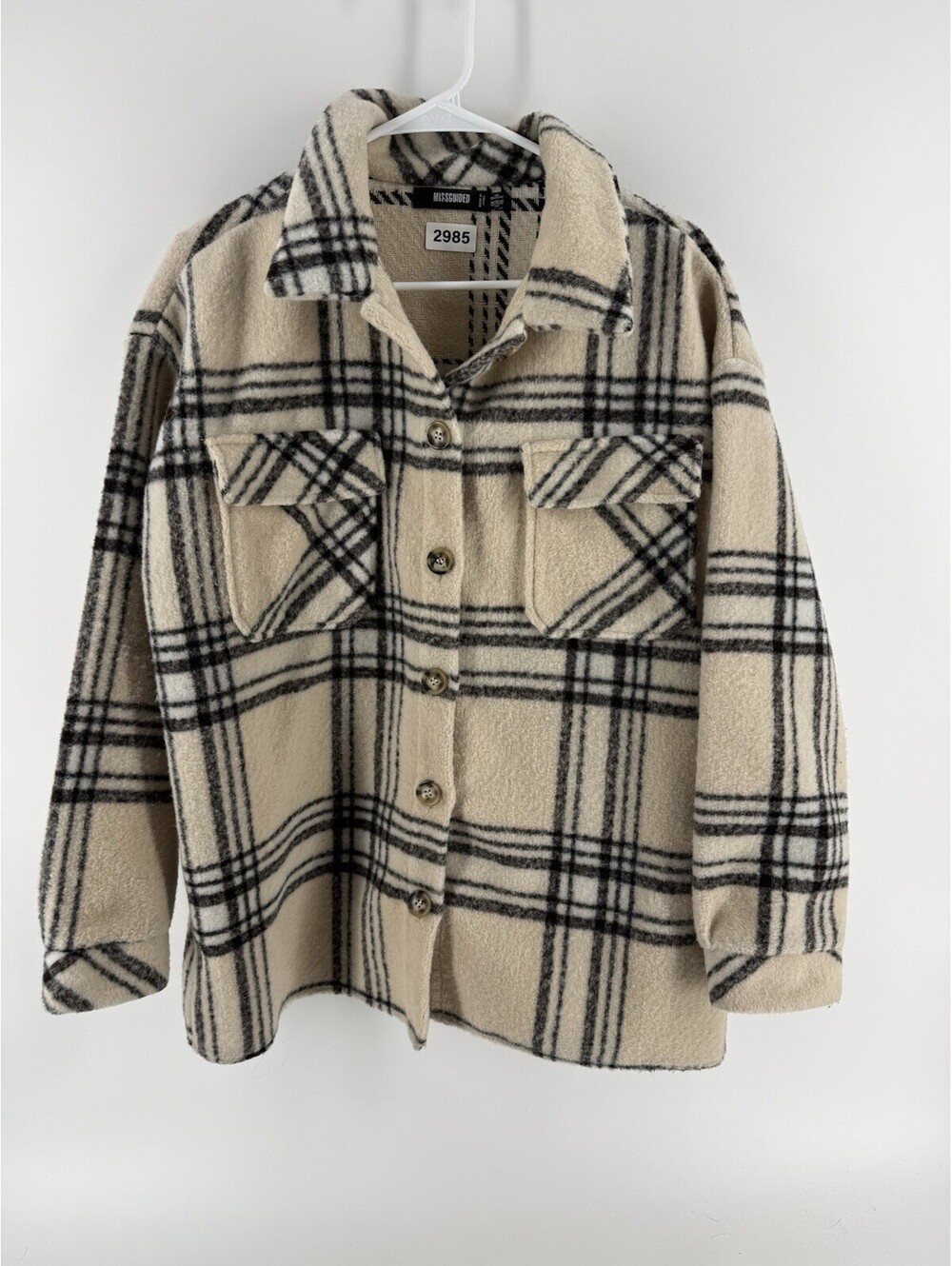 Missguided Beige/Black Plaid Shacket Jacket Button Front Collared Pockets size 4